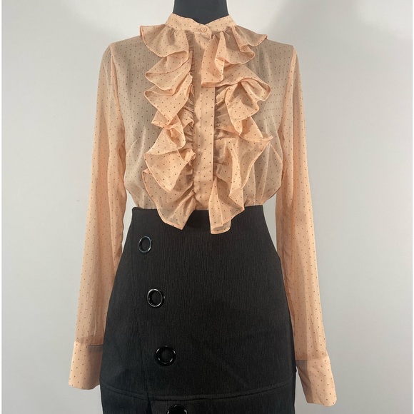 H&M Tops - H & M Pink Polka Dot Ruffle top, Sheer, button up, Size Small